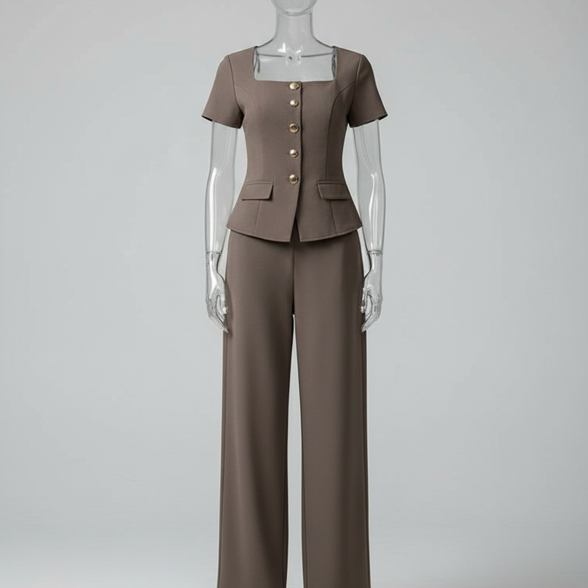 Taupe Square Neck Peplum Top & Wide-Leg Pants Set Taupe