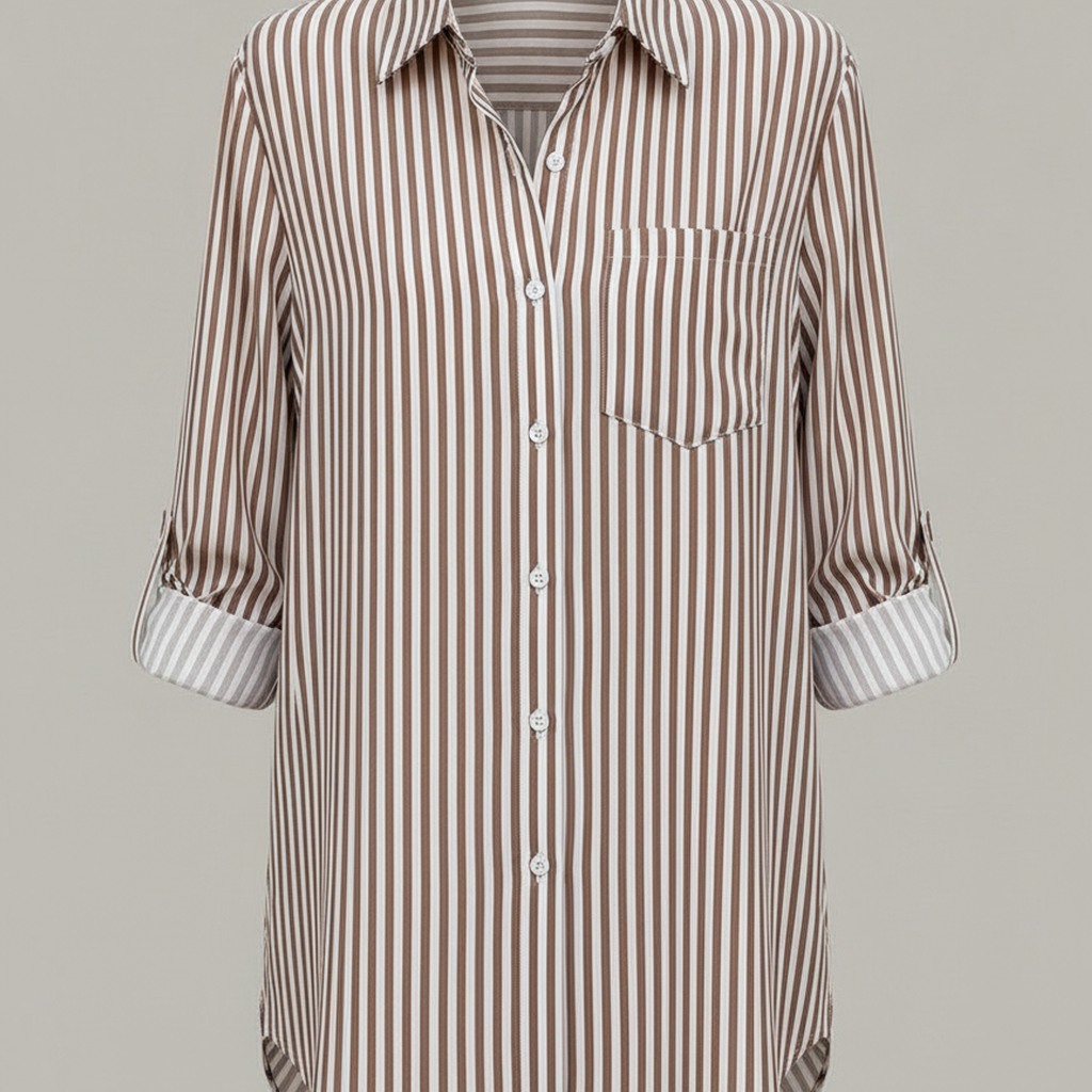 Chic Striped Button-Up Blouse | Women's Long Sleeve Shirt Brown/White