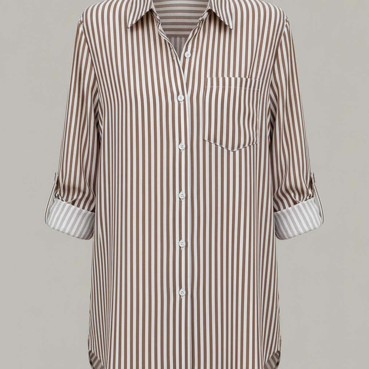 Chic Striped Button-Up Blouse | Women's Long Sleeve Shirt Brown/White