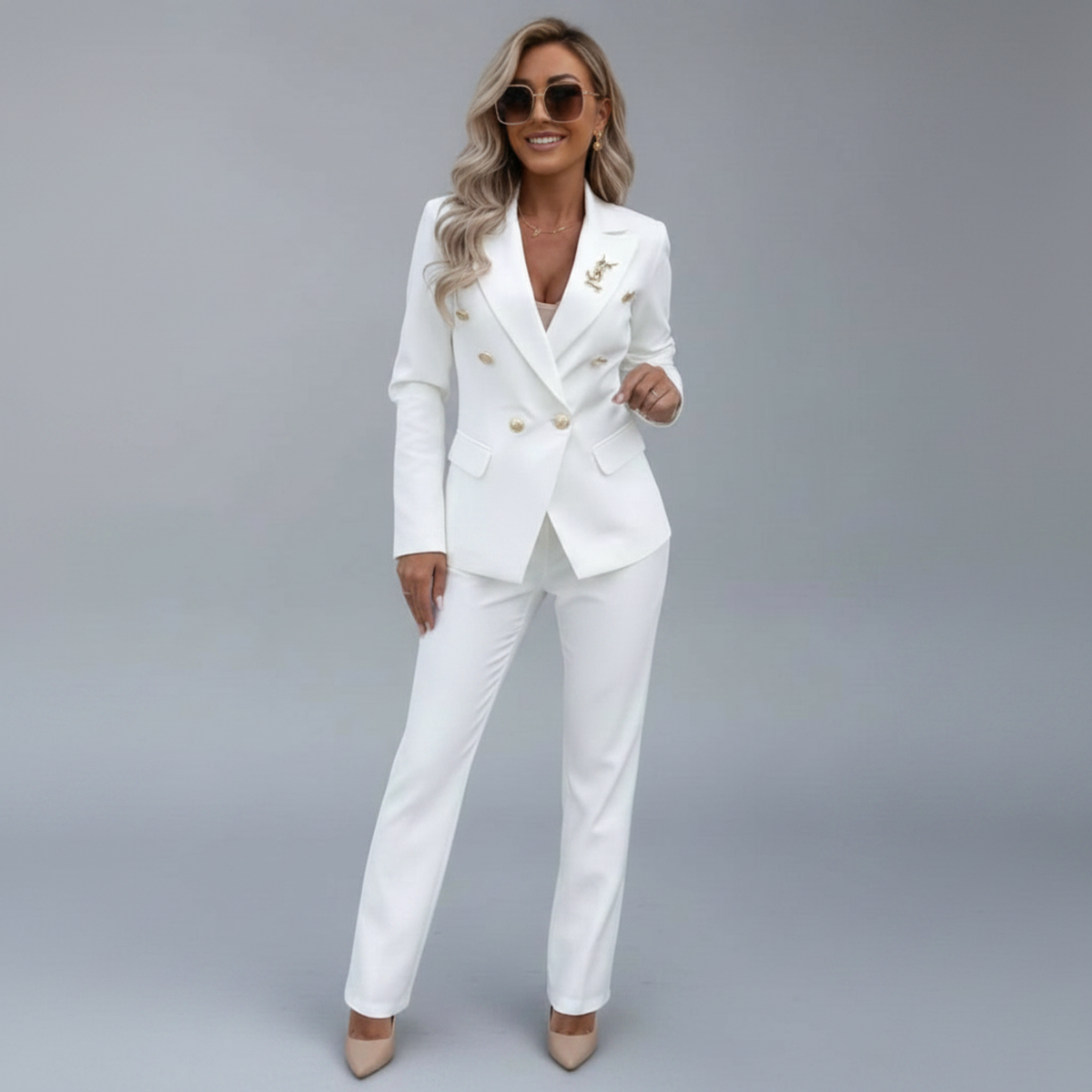 Refined Double-Breasted Tailored Suit Set White