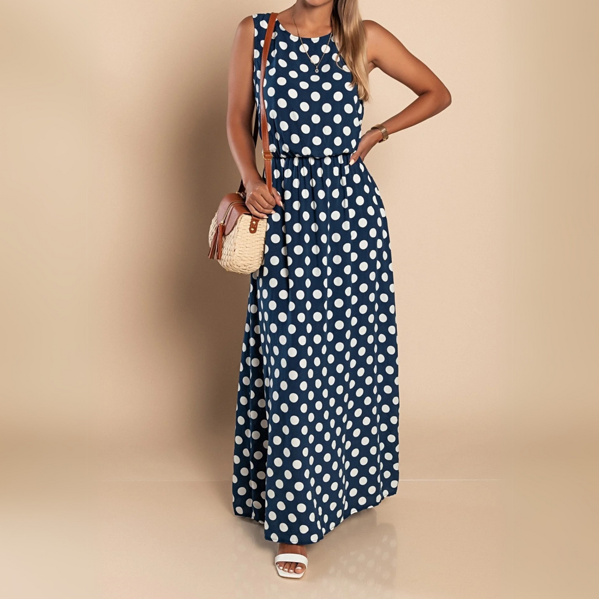 Dotted Breeze Maxi Dress - Effortless Polka Dot Style Navy Blue/White
