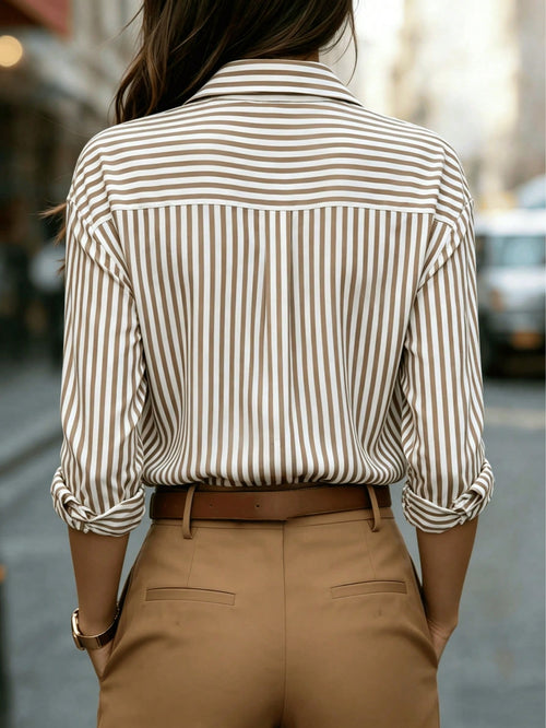 Chic Striped Button-Up Blouse | Women's Long Sleeve Shirt Brown/White