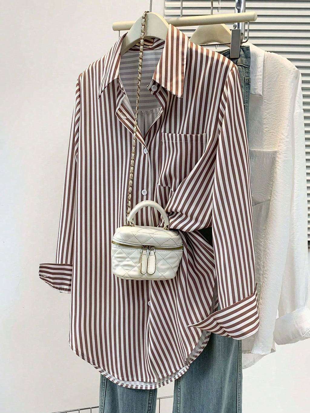 Chic Striped Button-Up Blouse | Women's Long Sleeve Shirt Brown/White