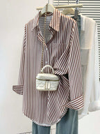 Chic Striped Button-Up Blouse | Women's Long Sleeve Shirt Brown/White