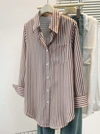 Chic Striped Button-Up Blouse | Women's Long Sleeve Shirt Brown/White