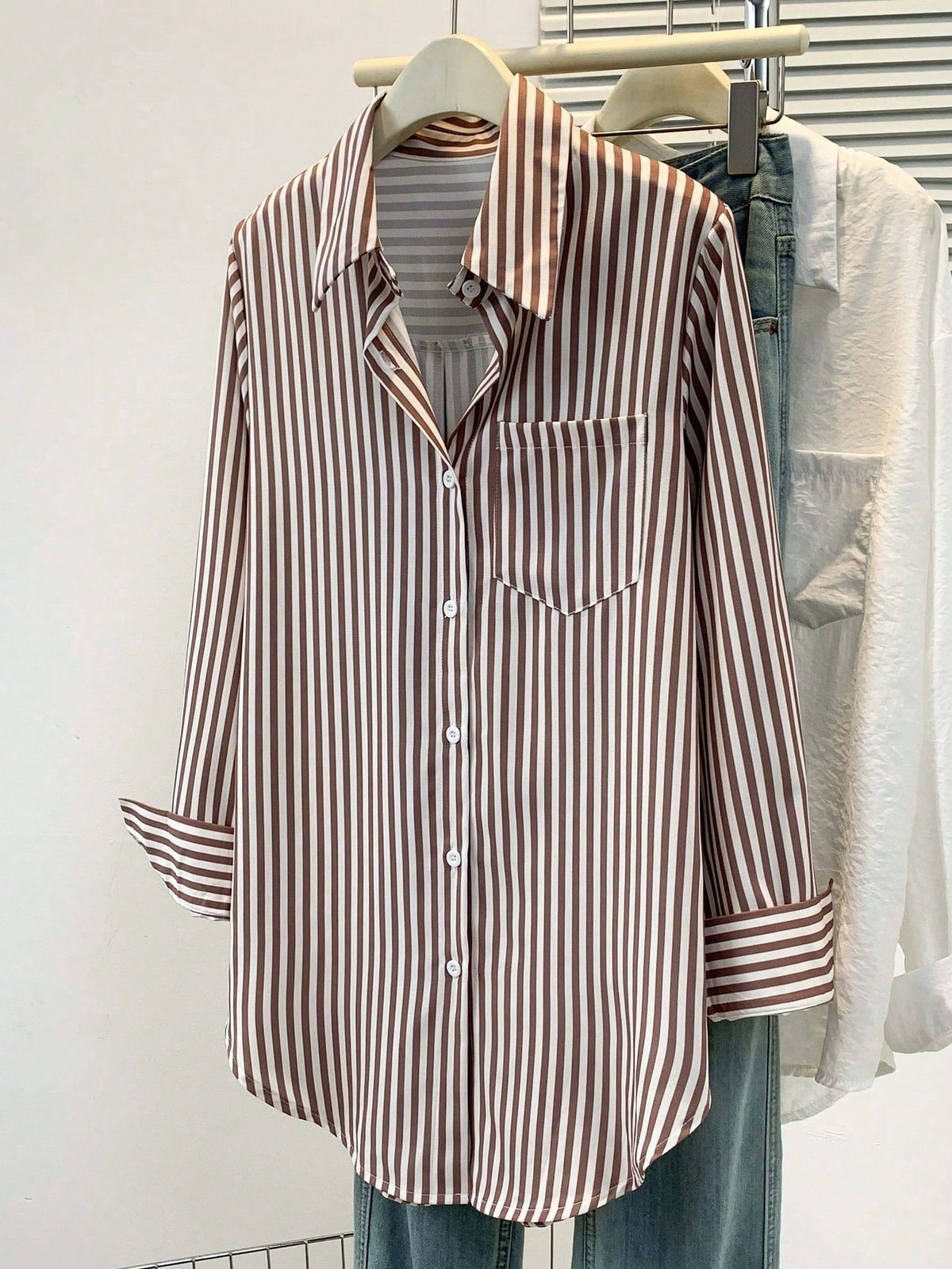 Chic Striped Button-Up Blouse | Women's Long Sleeve Shirt Brown/White