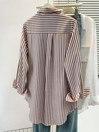 Chic Striped Button-Up Blouse | Women's Long Sleeve Shirt Brown/White