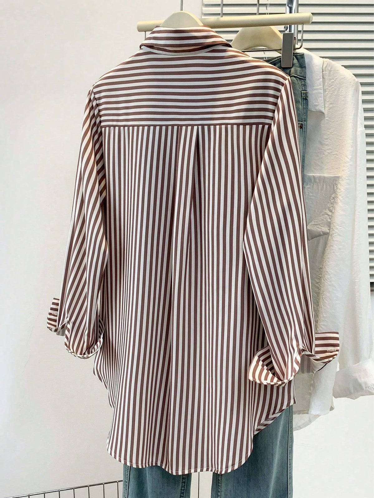 Chic Striped Button-Up Blouse | Women's Long Sleeve Shirt Brown/White