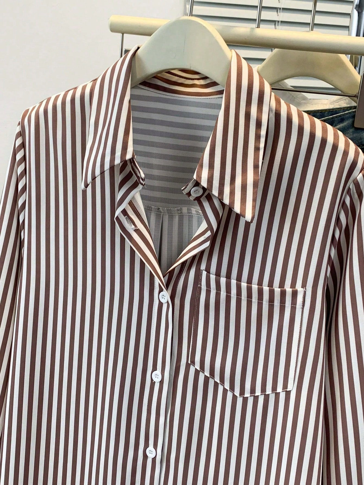 Chic Striped Button-Up Blouse | Women's Long Sleeve Shirt Brown/White