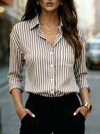 Chic Striped Button-Up Blouse | Women's Long Sleeve Shirt Brown/White