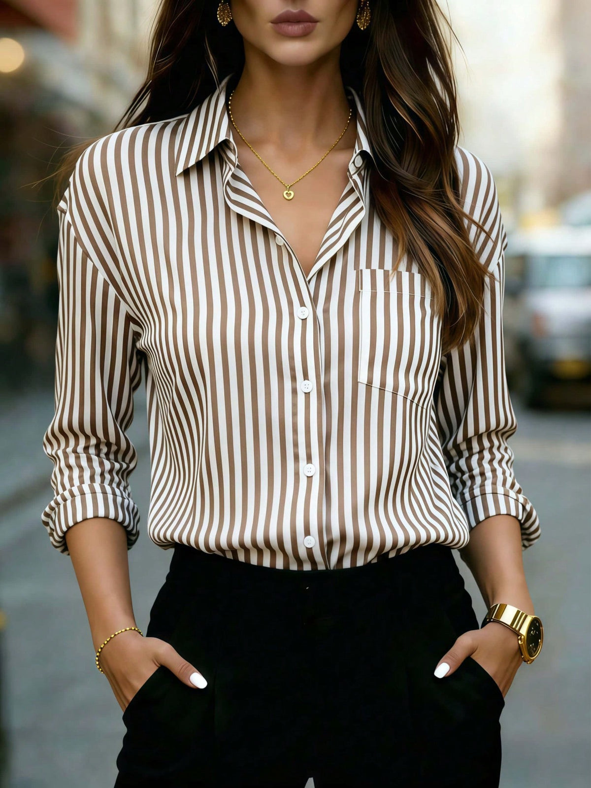 Chic Striped Button-Up Blouse | Women's Long Sleeve Shirt Brown/White